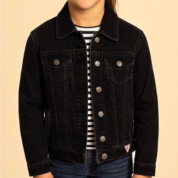 GUESS Girls Black Denim Trucker Jacket – Size M – Button-Up - Picture 9 of 9